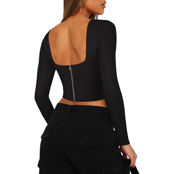 Reoria Womens Sexy Square Neck Long Sleeve Backless Y2k Going Out Crop Tops - Picture 3 of 6